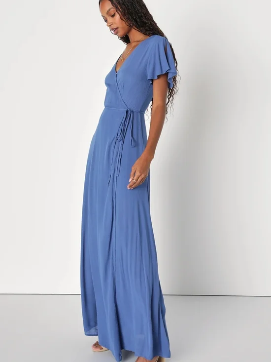 L • Lulu's • Heart of Marigold Denim Blue Wrap Maxi Dress - Picture 4 of 4